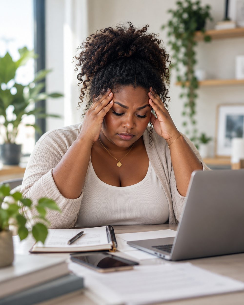 A woman sitting at her desk with her head in her hands, tired and unwell despite normal test results
